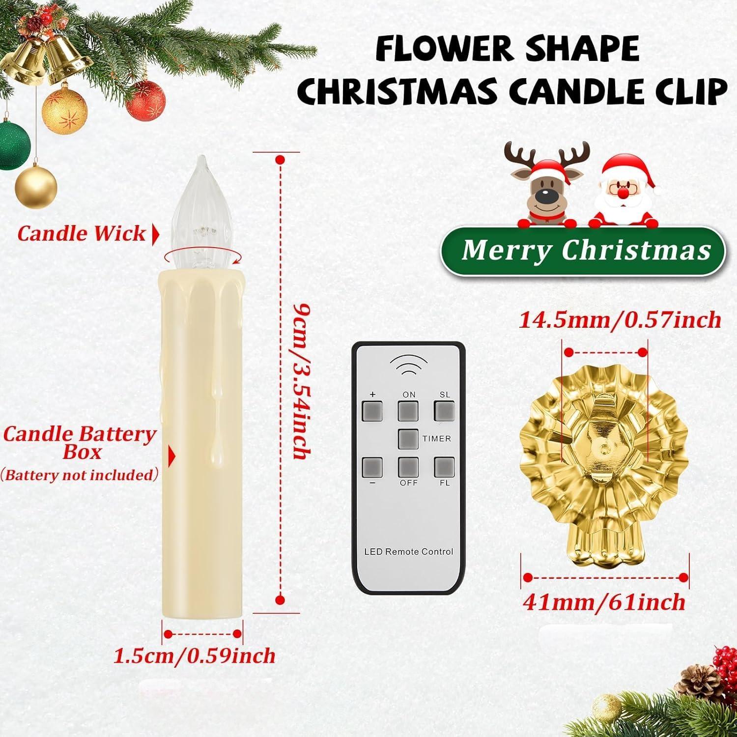 10 LED Taper Flameless Candles with Remote Timer and 10 Flower Shape Gold Metal Christmas Tree Holder Clip