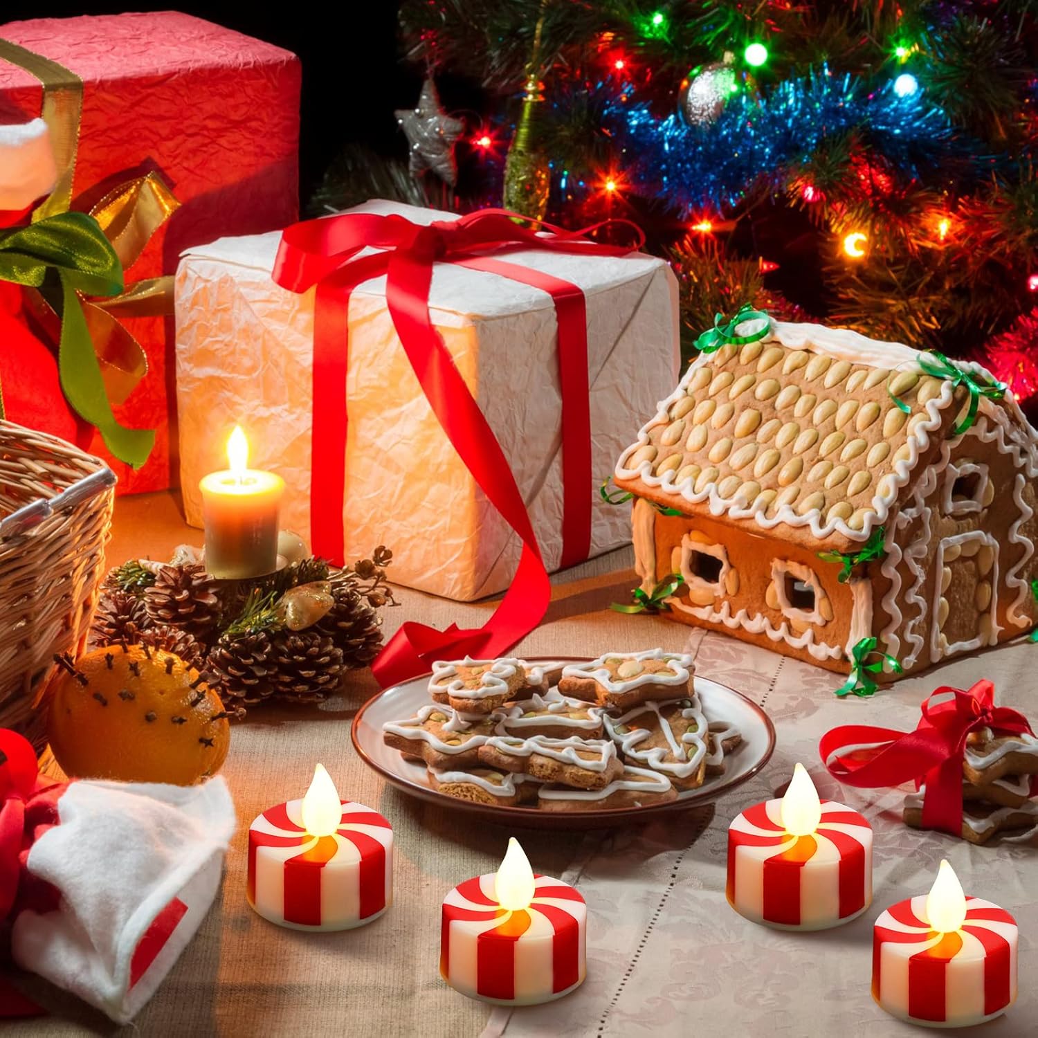 Christmas Flameless Tealight Candles(5PCS) With Glass Cylinder Candle Holder