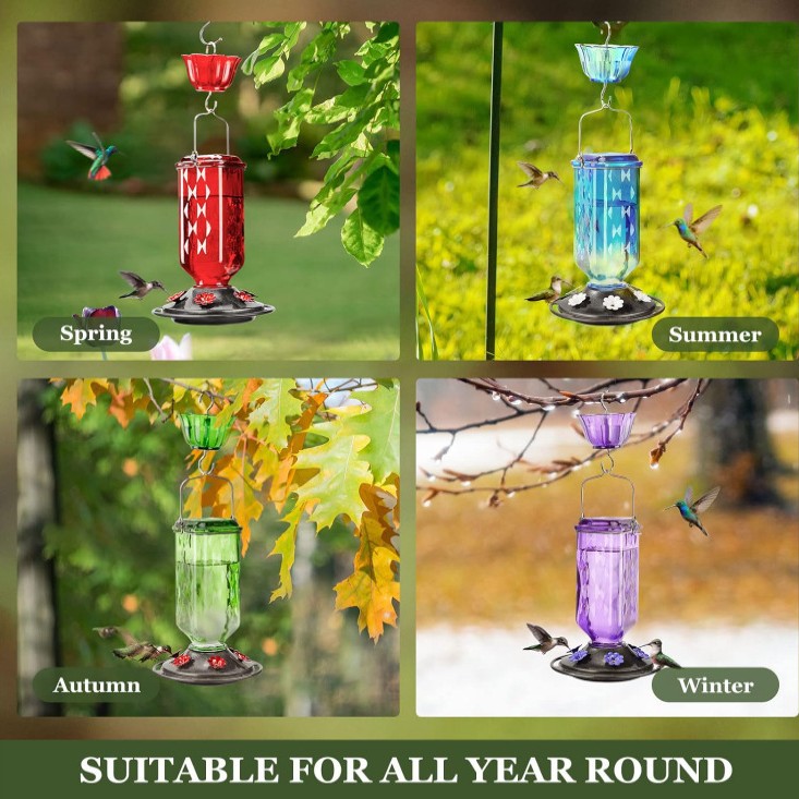 🔥HOT SALE 50% OFF🔥 Outdoors Leak Proof Base Glass Hummingbird Feeder with Ant ,Moat Bee Proof ,6 Feeding Ports 🐦