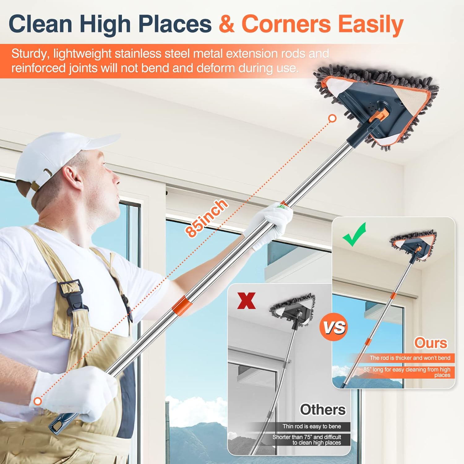 80" Wall Cleaner Long Handle Mop with 6PCS Replacement Pads(3 microfiber pads, 3 chenille pads)