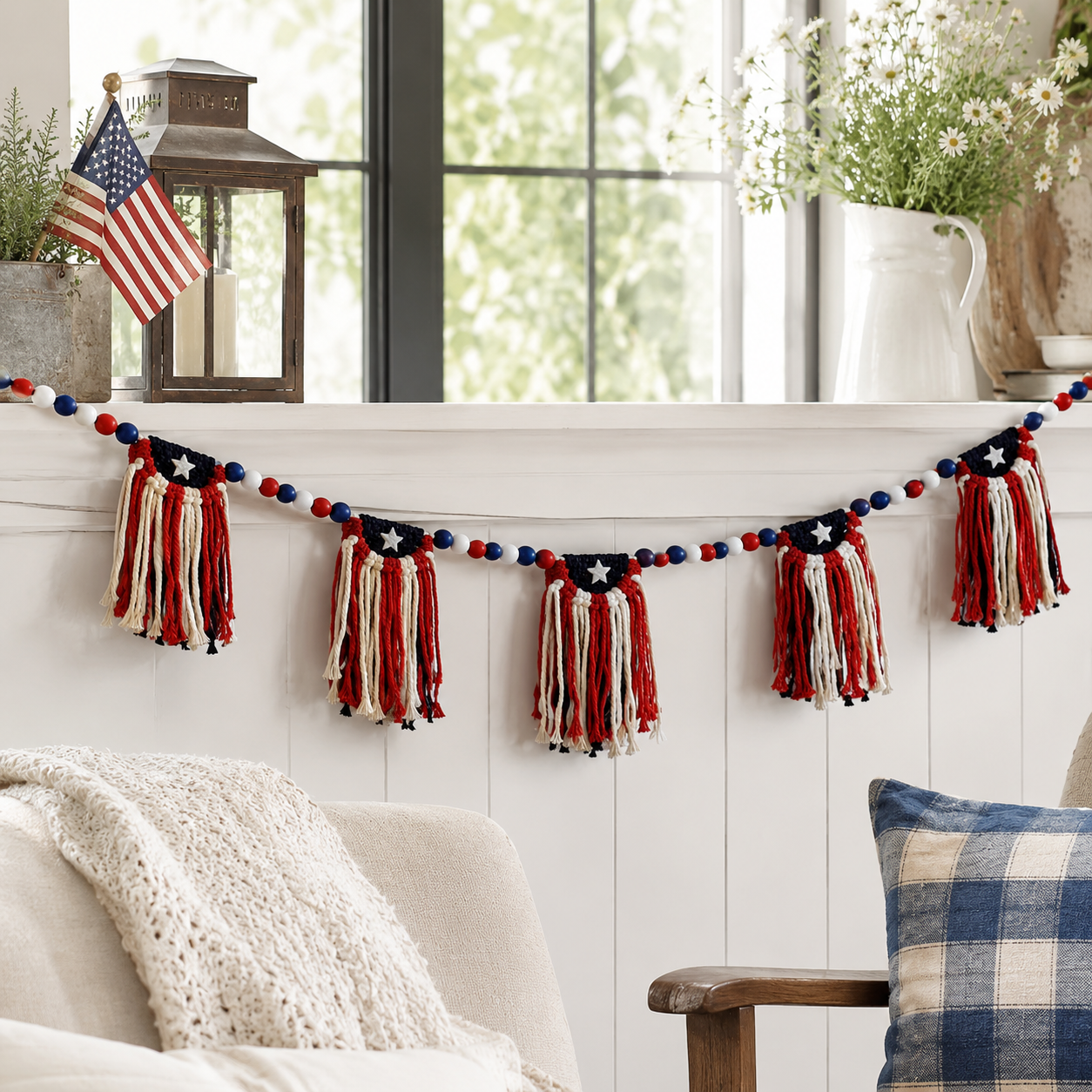 Patriotic 4th of July Garland with Wooden Bead Star Decorations
