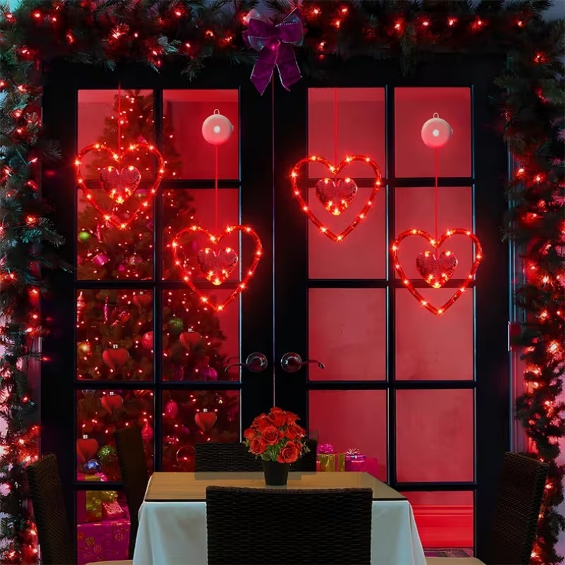 3Packs LED Heart Window Hanging Lights – Romantic Valentine Decoration