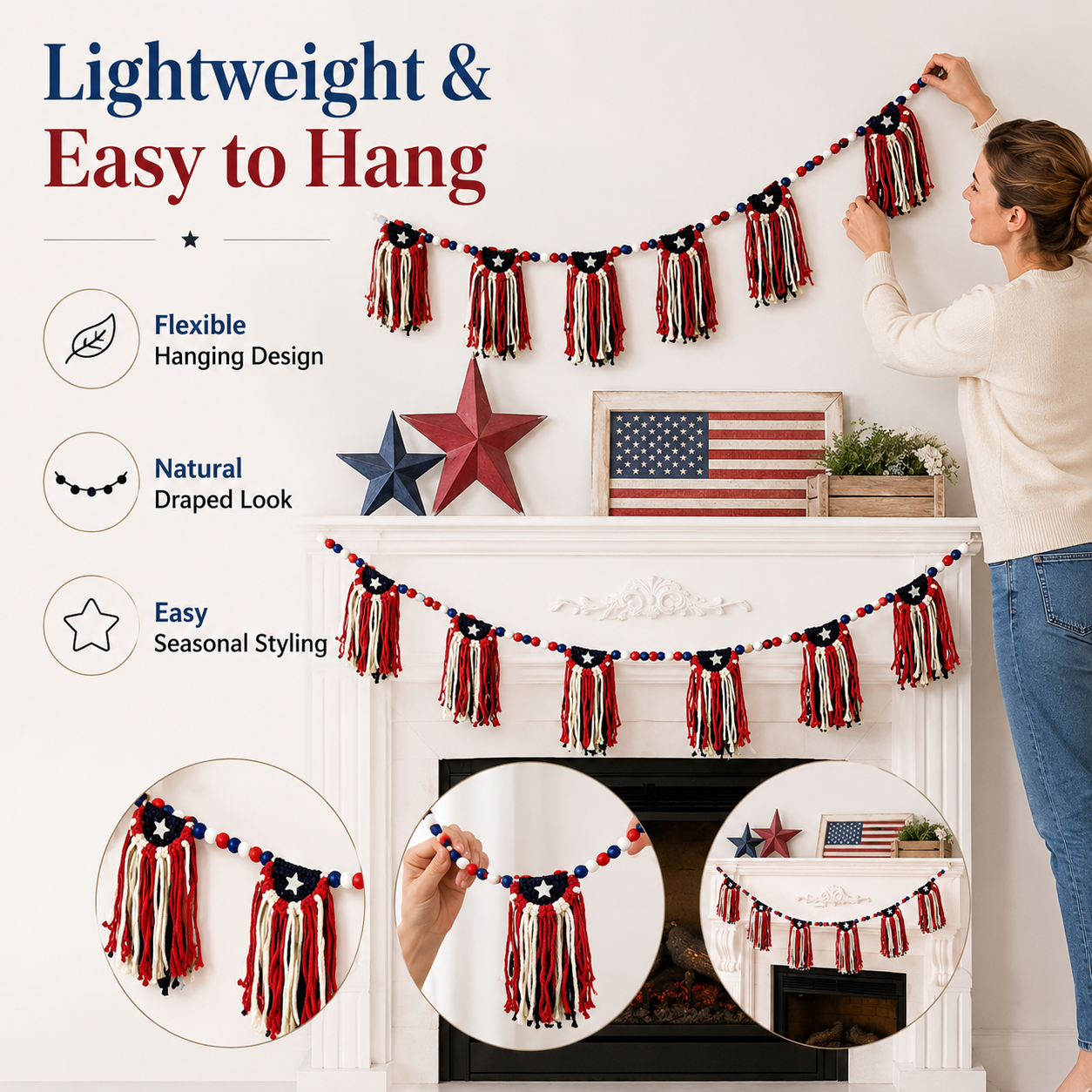 Patriotic 4th of July Garland with Wooden Bead Star Decorations