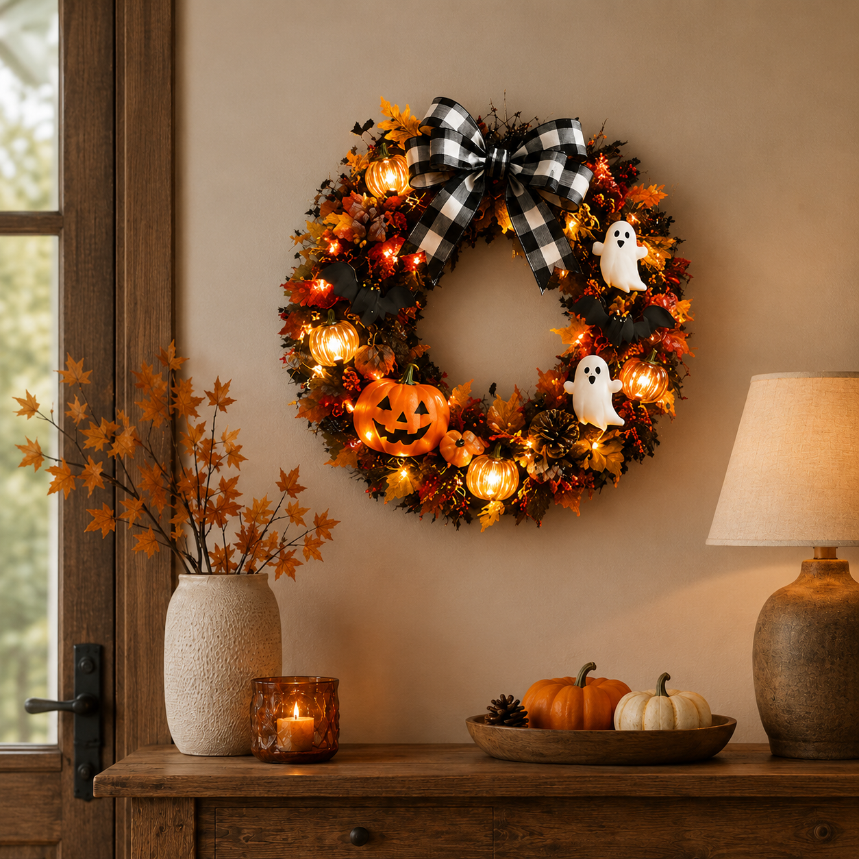 20 Inch Lighted Halloween Fall Wreath Warm - Spooky-Cute Charm for Your Front Door 🎃👻