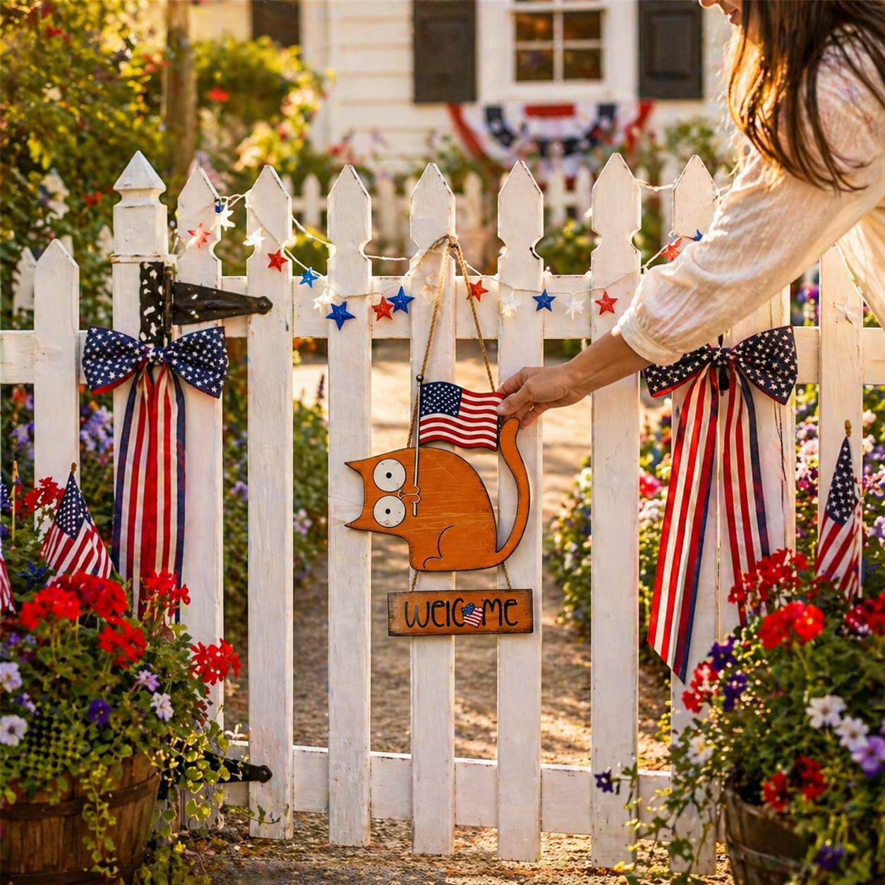 Patriotic Cat Welcome Sign Wooden Hanging Decor