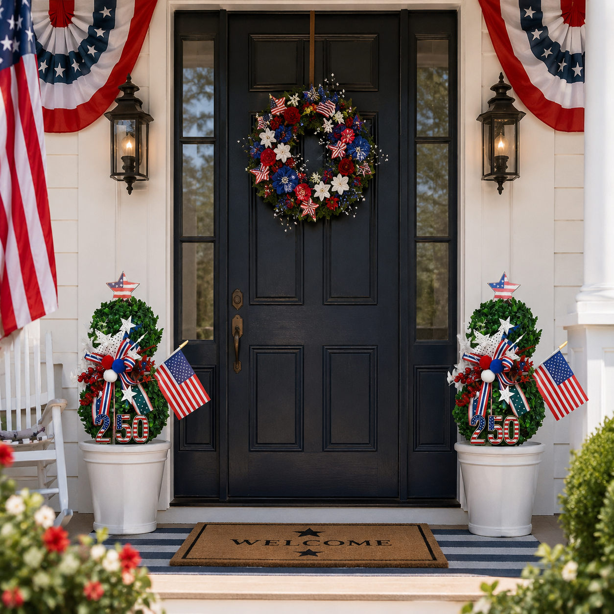 4th of July Artificial Boxwood Topiary with USA Bow, Mini American Flag & Star Topper