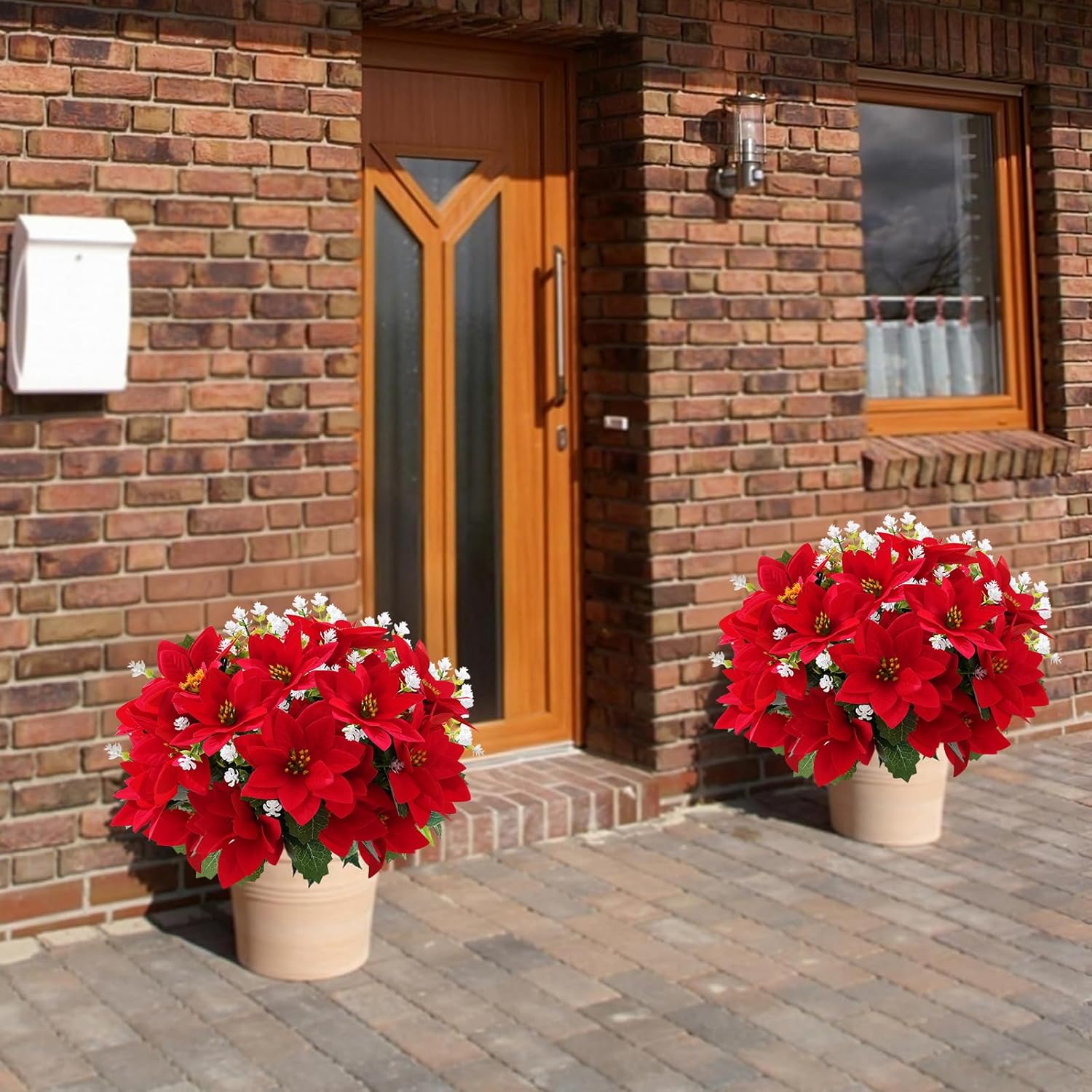 Artificial Christmas Poinsettia Flowers and fake eucalyptus white flower, for Outdoor Planters,Garden,Porch,Patio,Home Winter Decor - UV resistant, Waterproof, Windproof