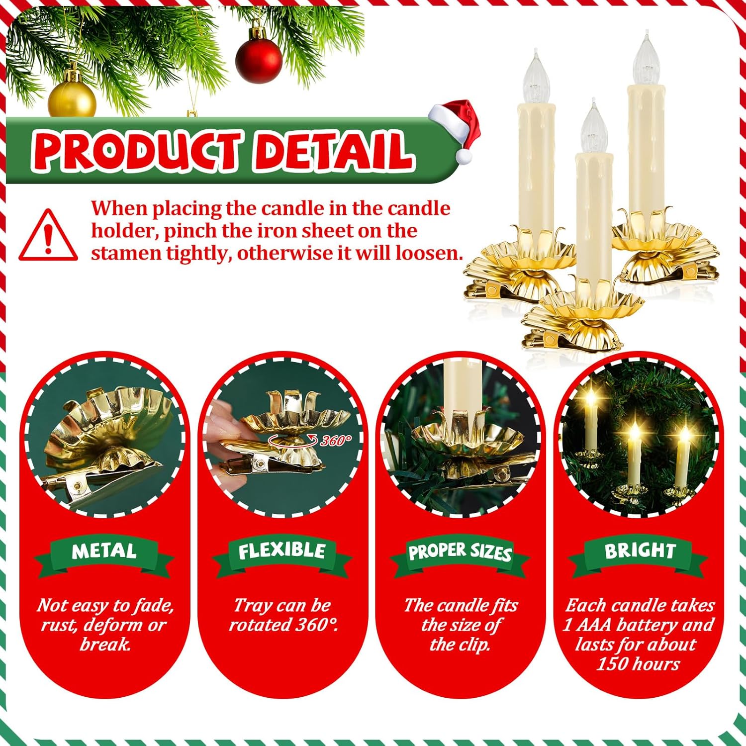 10 LED Taper Flameless Candles with Remote Timer and 10 Flower Shape Gold Metal Christmas Tree Holder Clip