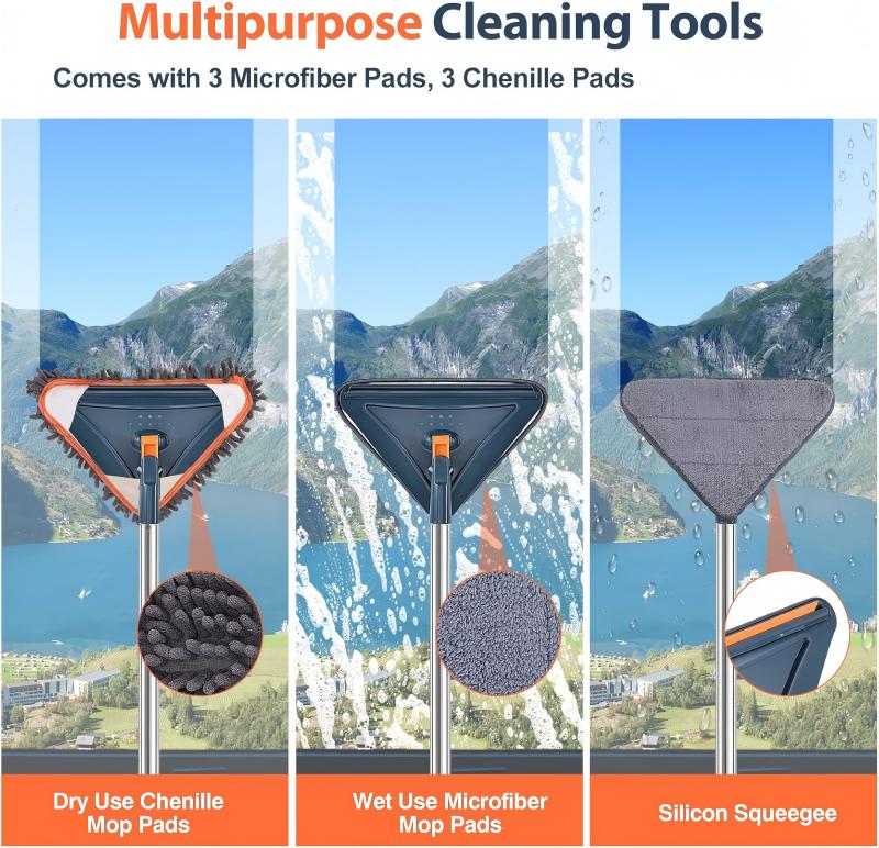 80" Wall Cleaner Long Handle Mop with 6PCS Replacement Pads(3 microfiber pads, 3 chenille pads)