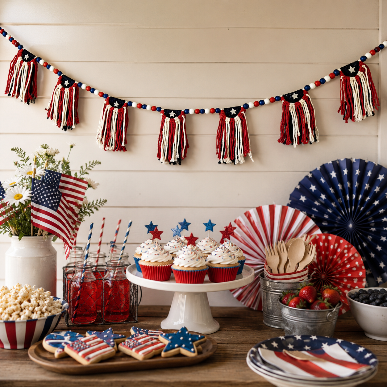 Patriotic 4th of July Garland with Wooden Bead Star Decorations
