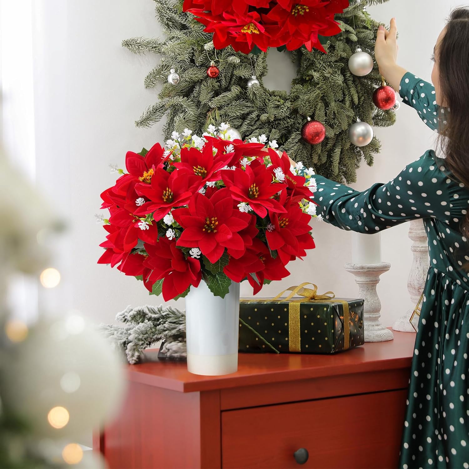 Artificial Christmas Poinsettia Flowers and fake eucalyptus white flower, for Outdoor Planters,Garden,Porch,Patio,Home Winter Decor - UV resistant, Waterproof, Windproof