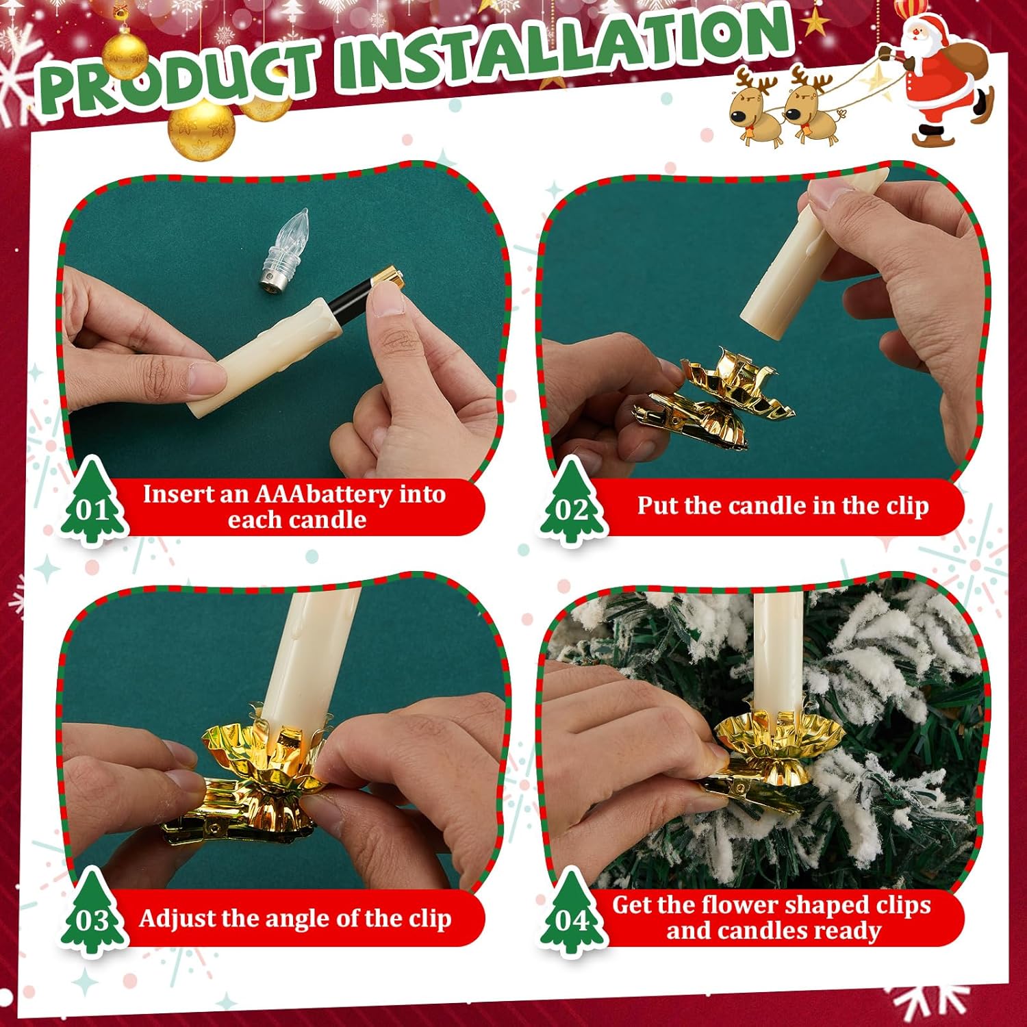 10 LED Taper Flameless Candles with Remote Timer and 10 Flower Shape Gold Metal Christmas Tree Holder Clip