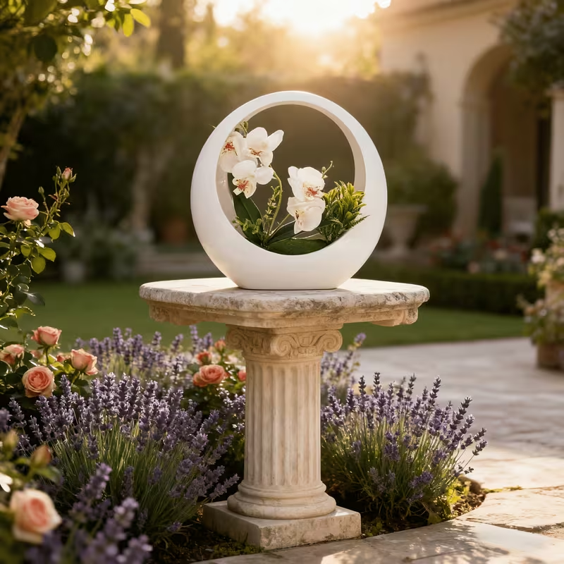 Faux Phalaenopsis Orchid in White Moon Planter – Elegant Artificial Flower Decor