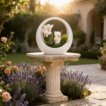 Faux Phalaenopsis Orchid in White Moon Planter – Elegant Artificial Flower Decor