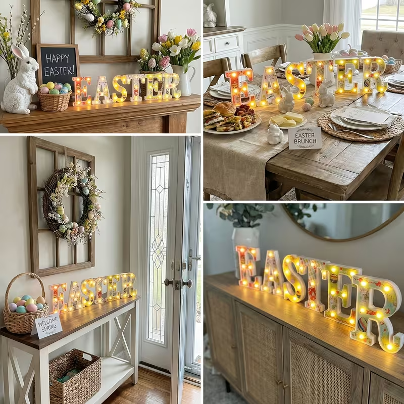 Easter Glow LED Letter Decor Set – Pastel Lighted Spring Mantel Sign
