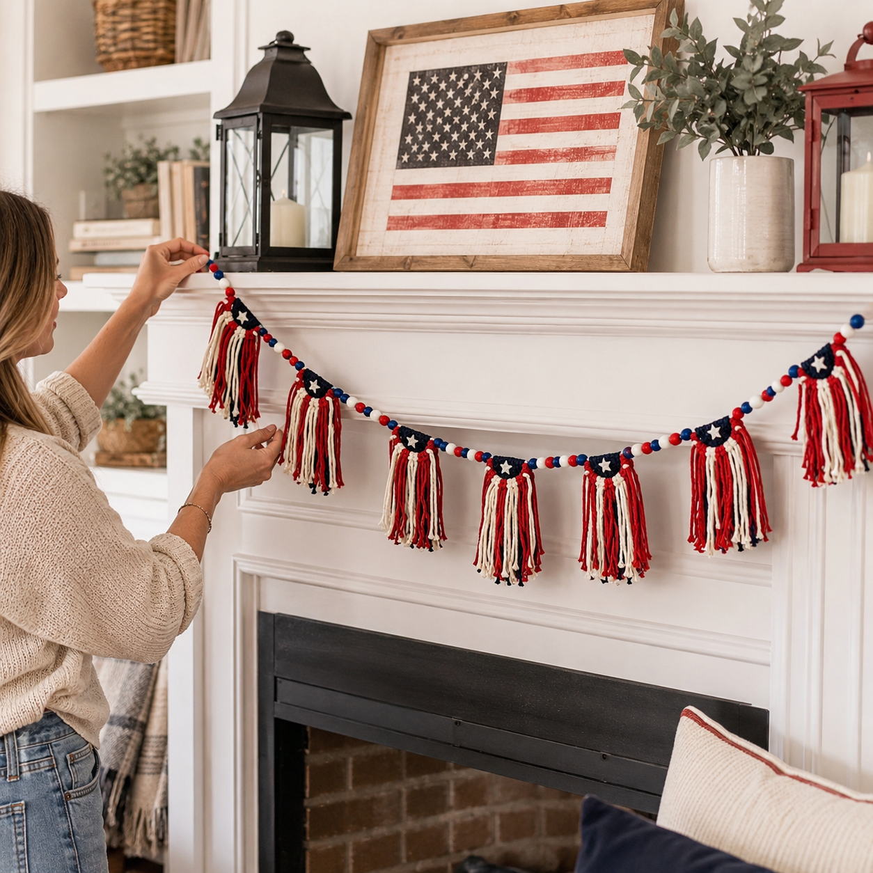 Patriotic 4th of July Garland with Wooden Bead Star Decorations