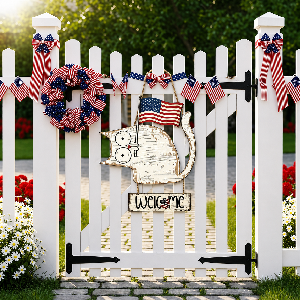 Patriotic Cat Welcome Sign Wooden Hanging Decor