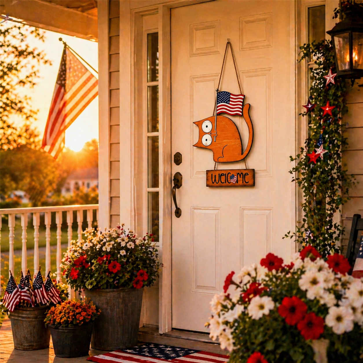 Patriotic Cat Welcome Sign Wooden Hanging Decor