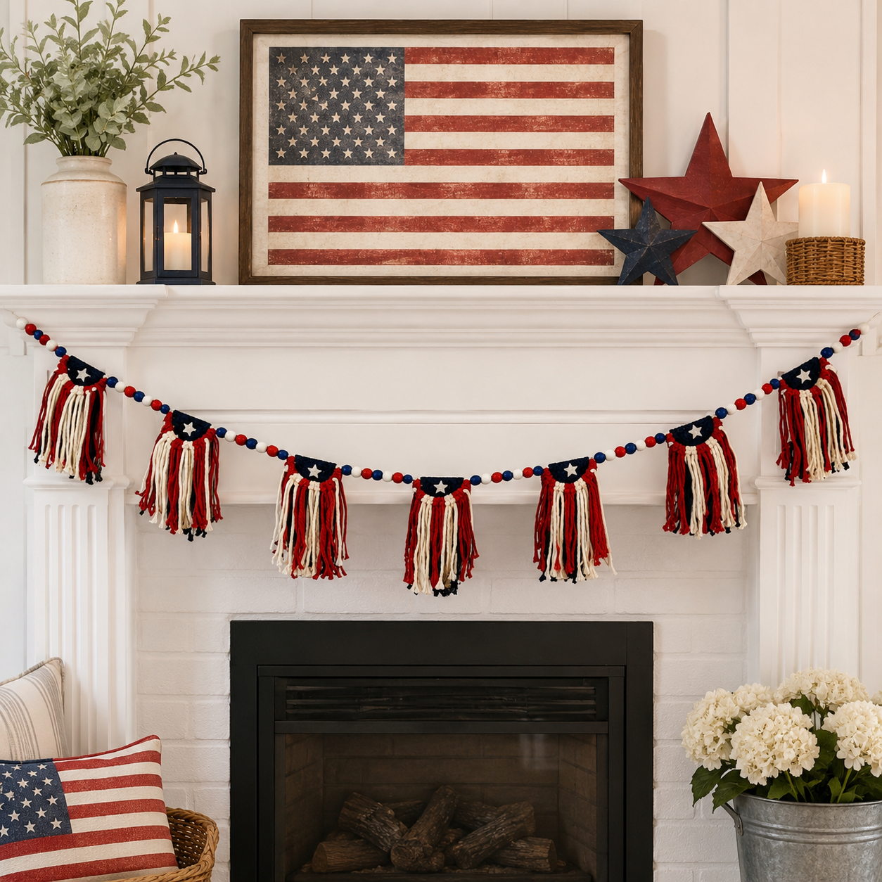 Patriotic 4th of July Garland with Wooden Bead Star Decorations