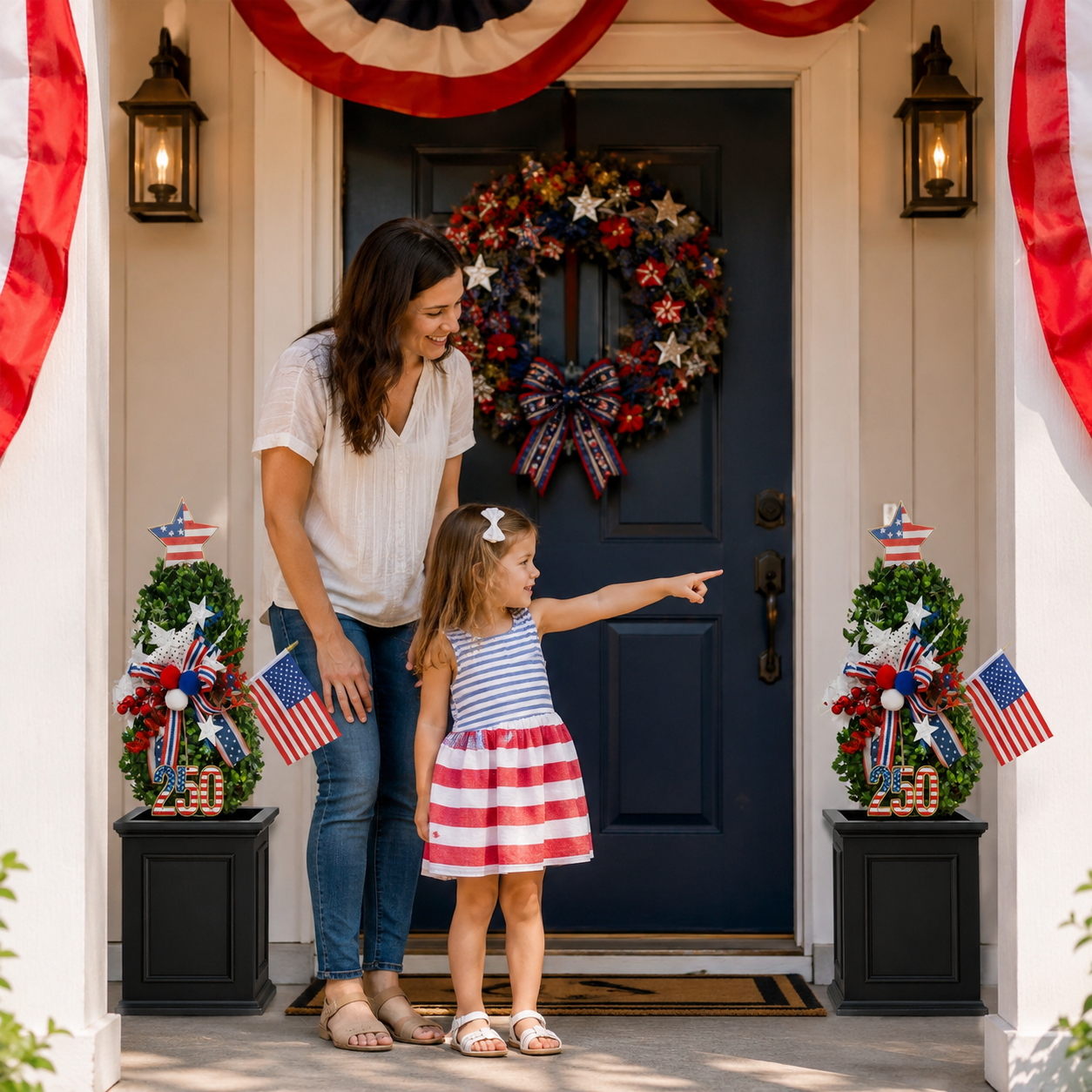 4th of July Artificial Boxwood Topiary with USA Bow, Mini American Flag & Star Topper