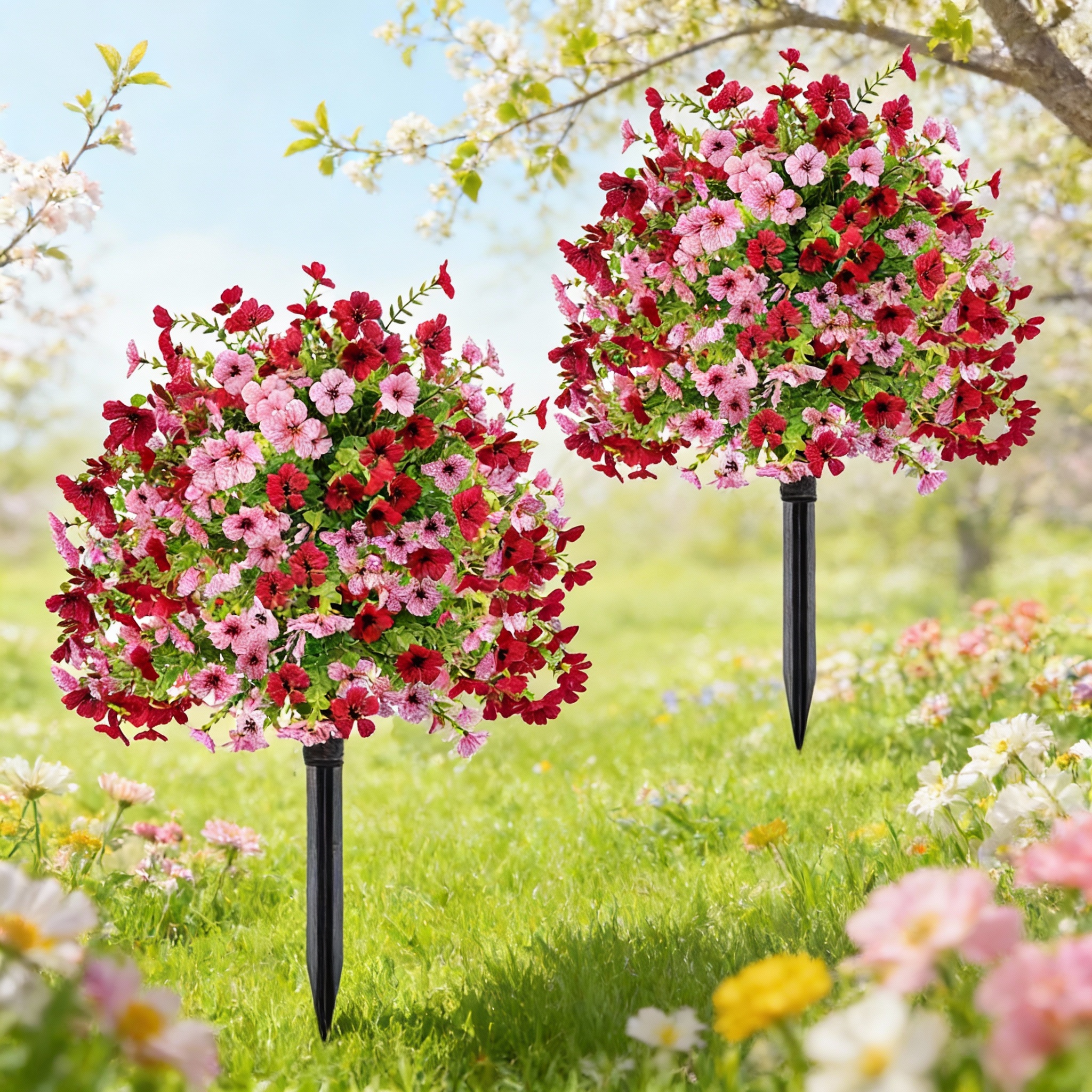 2Packs Outdoor Artificial Flower Ball Garden Stakes – Waterproof,Windproof,UV Resistant Outdoor Faux Floral Decor