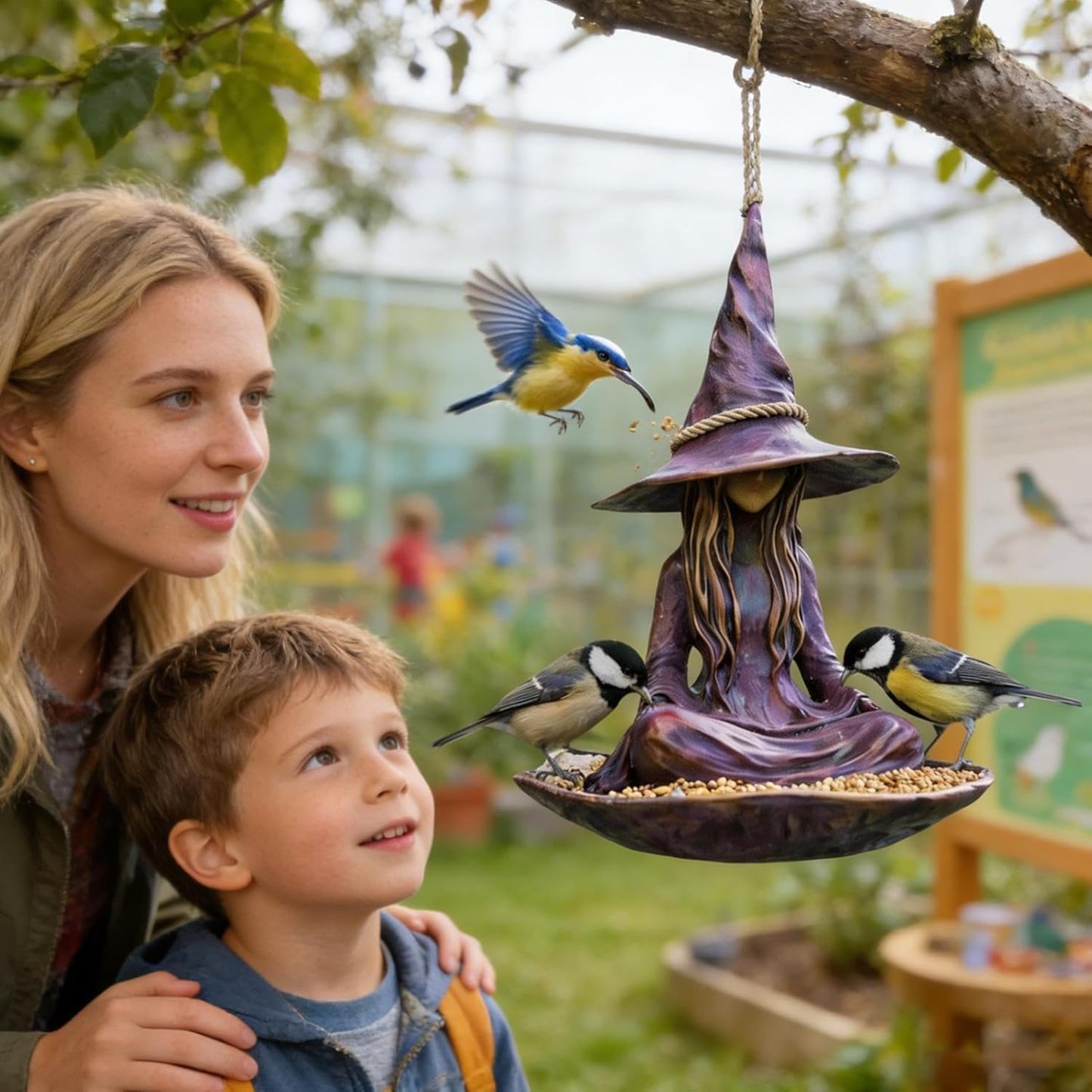 Meditating Witch Bird Feeder – Weather-Resistant Hanging Garden Decor for Bird Lovers