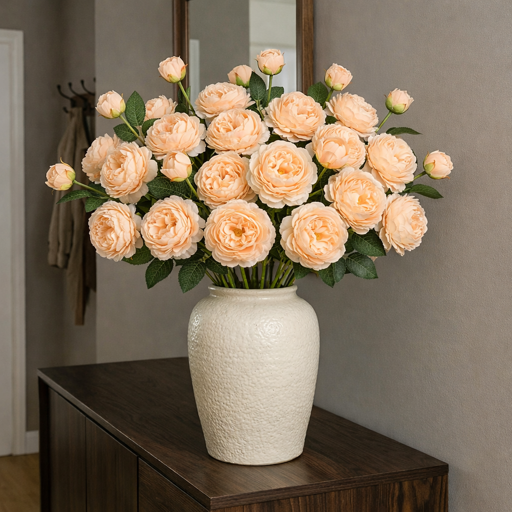 Set of 5 Real Touch 3-Head Peony Stems – Ultra Lifelike Full Bloom Artificial Flowers