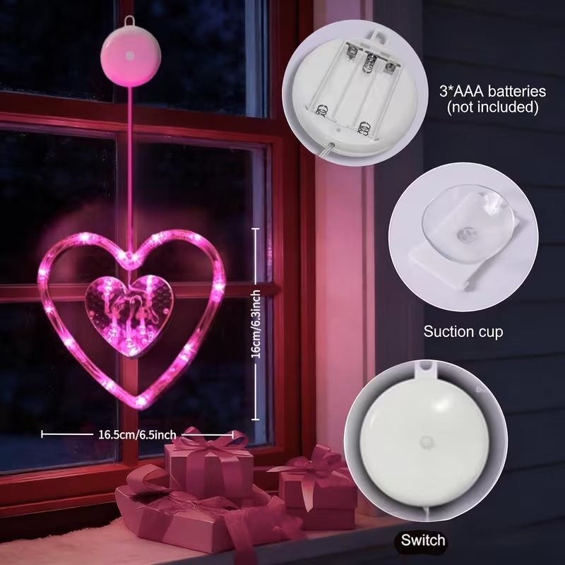 3Packs LED Heart Window Hanging Lights – Romantic Valentine Decoration