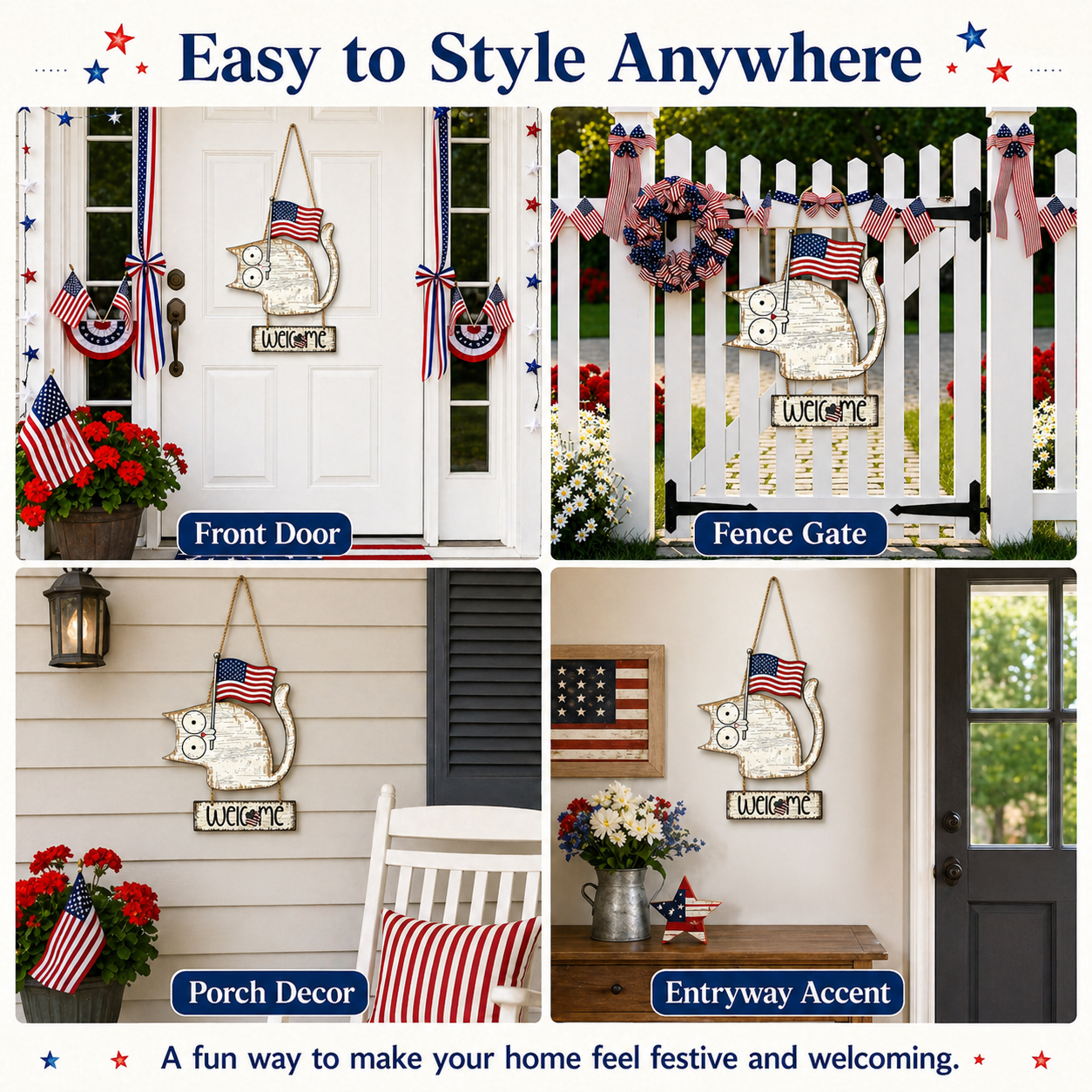 Patriotic Cat Welcome Sign Wooden Hanging Decor