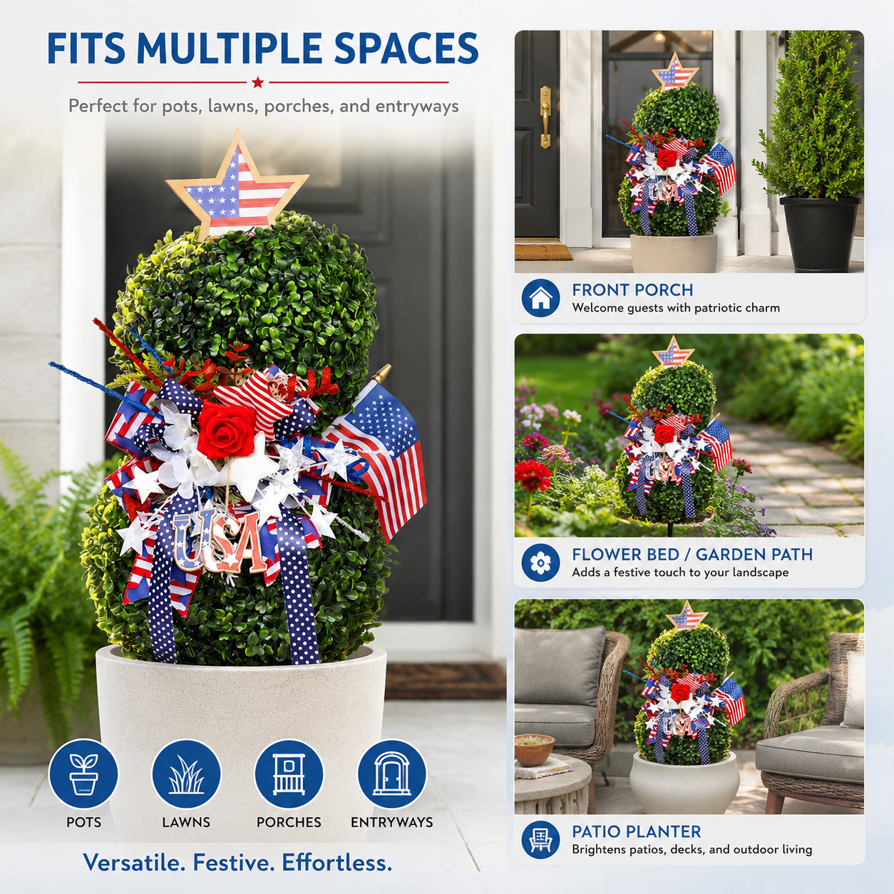 4th of July Artificial Boxwood Topiary with USA Bow, Mini American Flag & Star Topper