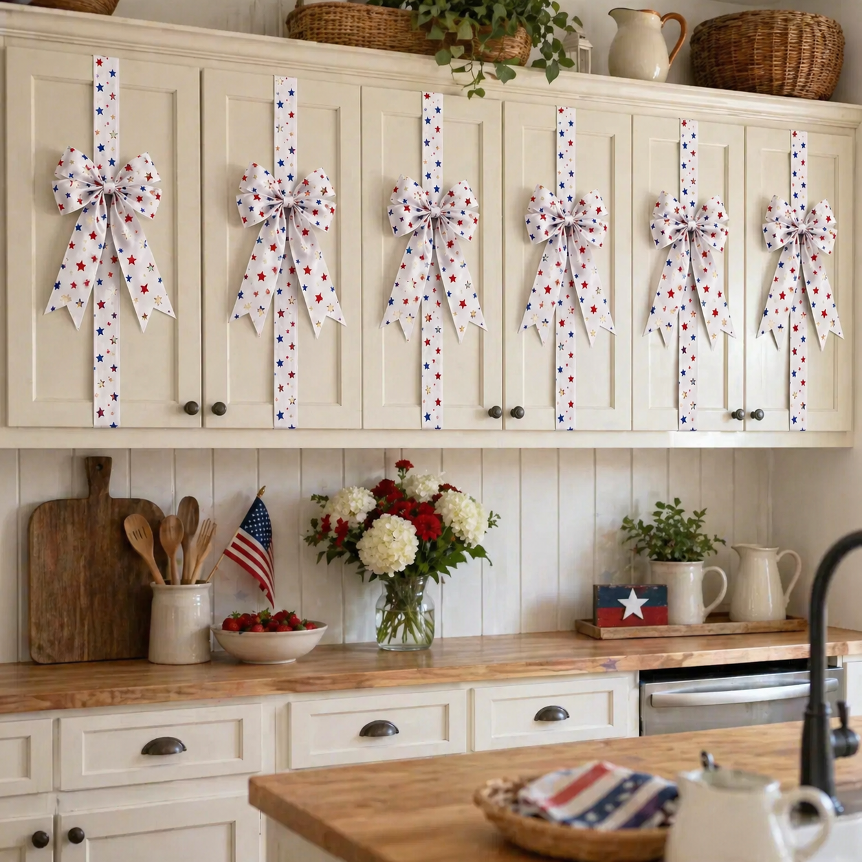 2 PCS Independence Day & Memorial Day Cabinet Door Patriotic Bow Ribbons