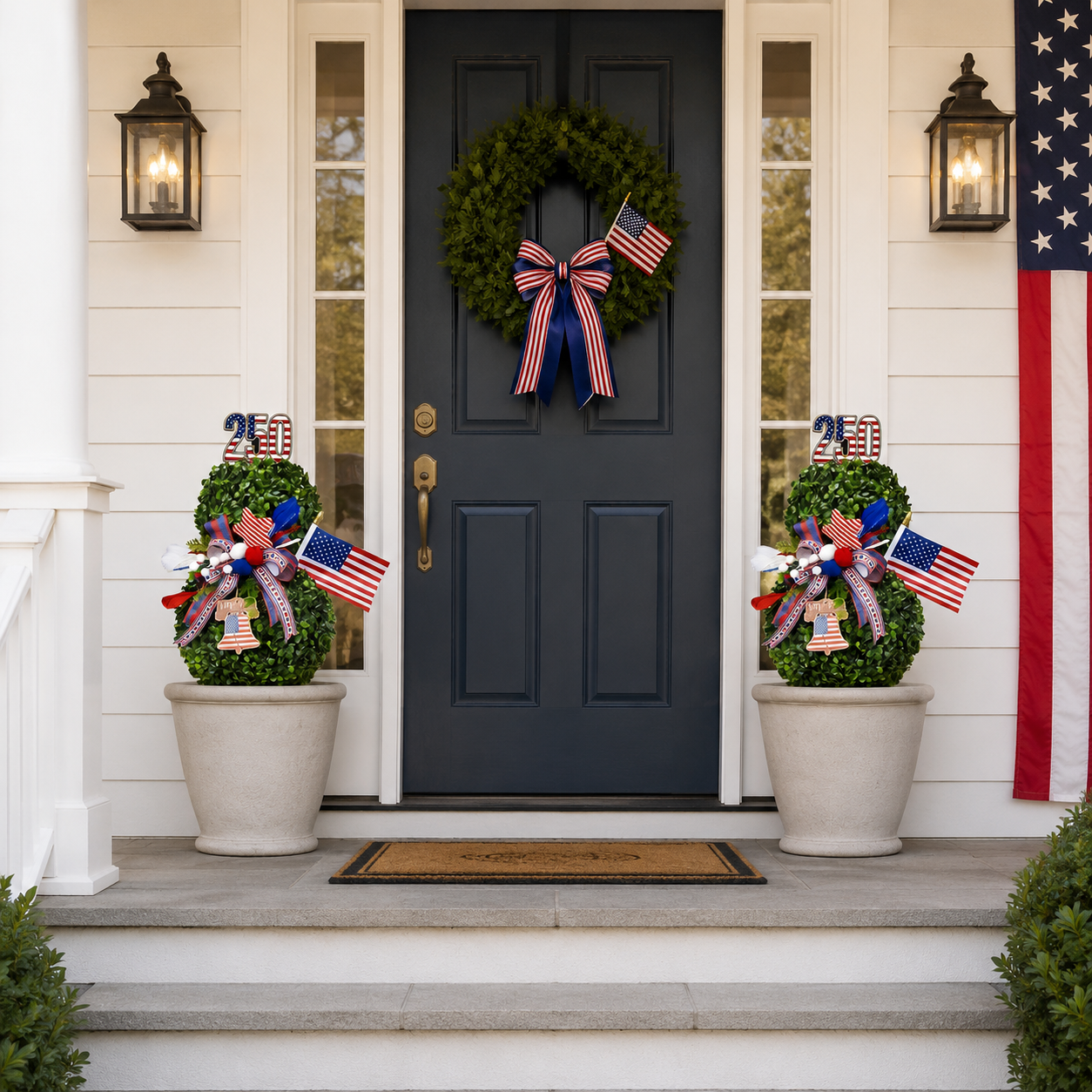 4th of July Artificial Boxwood Topiary with USA Bow, Mini American Flag & Star Topper