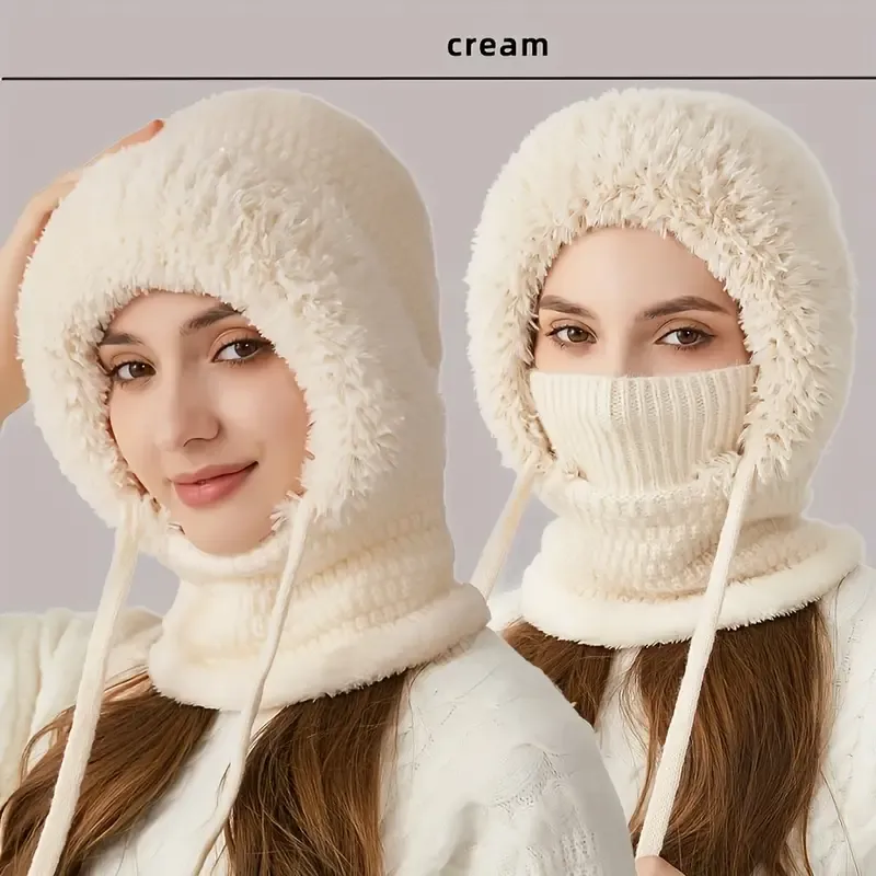 Women's 3-in-1 Winter Beanie Hat with Ear Flaps, Neck Warmer & Face Mask 