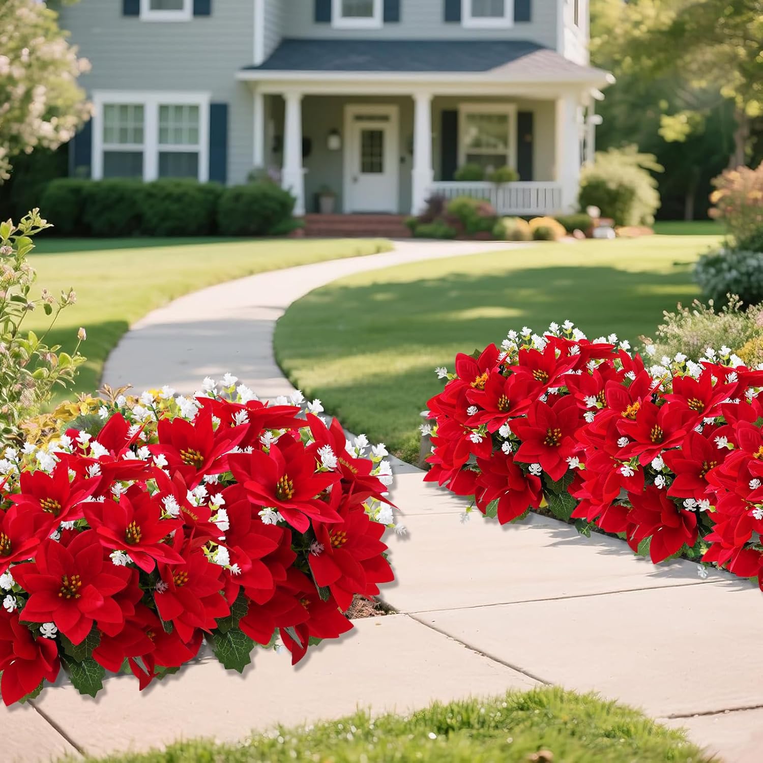 Artificial Christmas Poinsettia Flowers and fake eucalyptus white flower, for Outdoor Planters,Garden,Porch,Patio,Home Winter Decor - UV resistant, Waterproof, Windproof