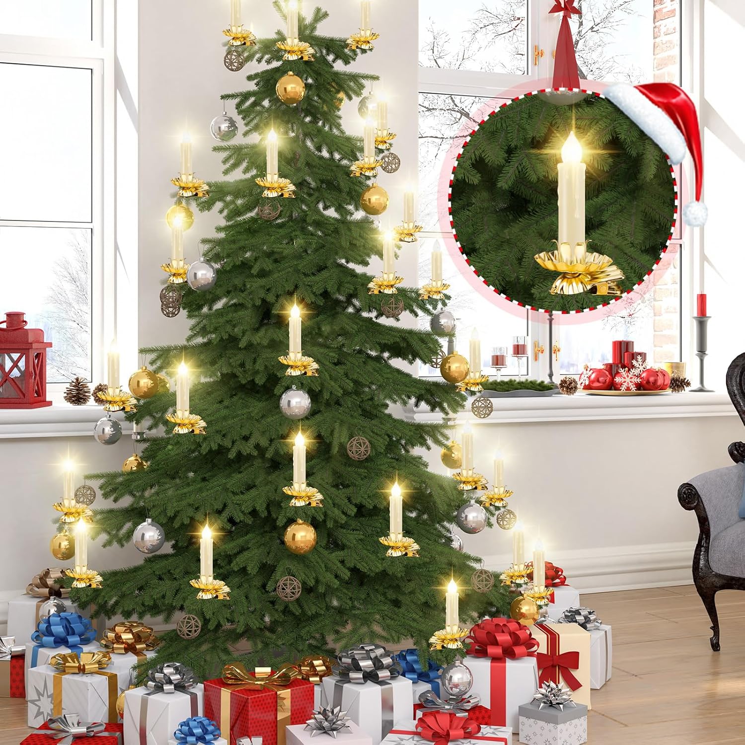 10 LED Taper Flameless Candles with Remote Timer and 10 Flower Shape Gold Metal Christmas Tree Holder Clip
