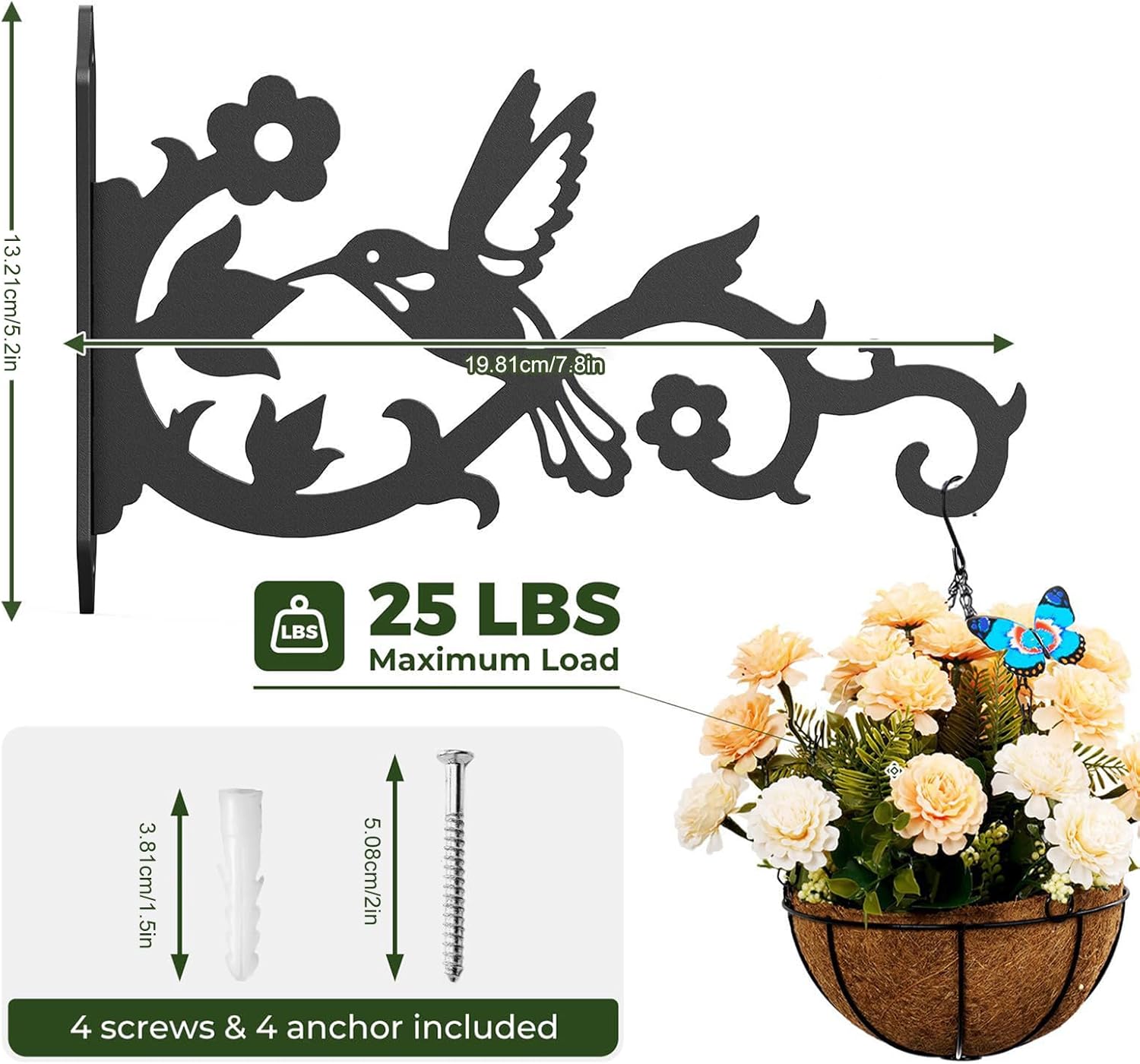 Hummingbird Decorative Metal Wall Plant Hanger Bracket, 8" Heavy Duty, 25 lbs Capacity