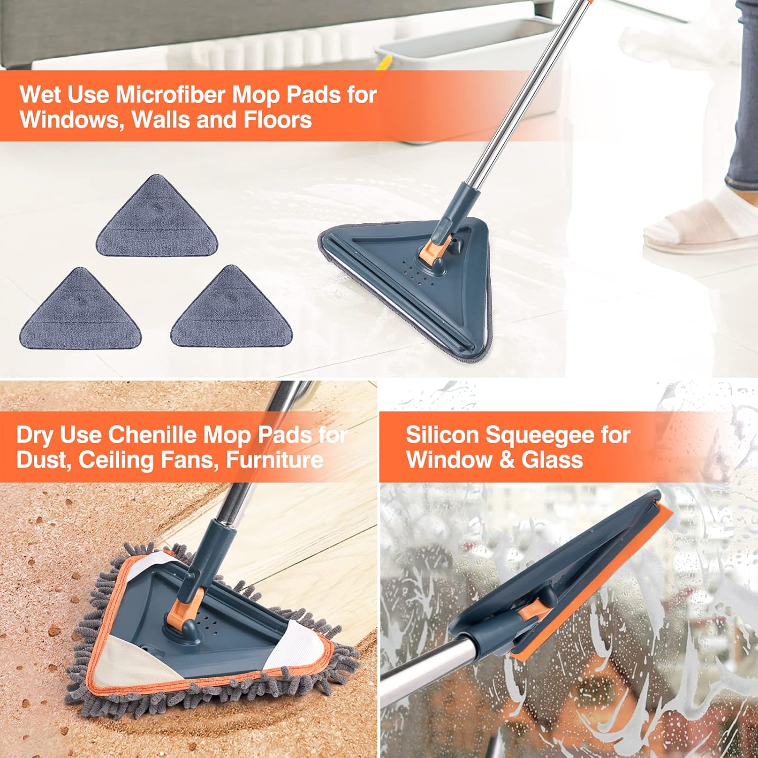 80" Wall Cleaner Long Handle Mop with 6PCS Replacement Pads(3 microfiber pads, 3 chenille pads)