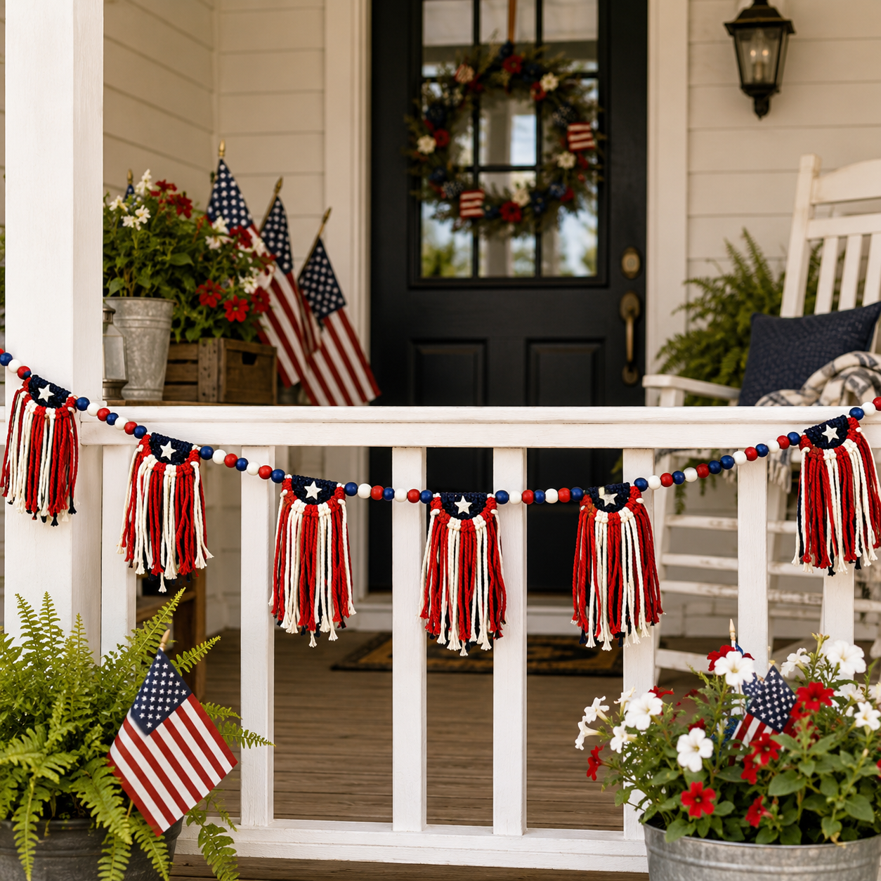 Patriotic 4th of July Garland with Wooden Bead Star Decorations