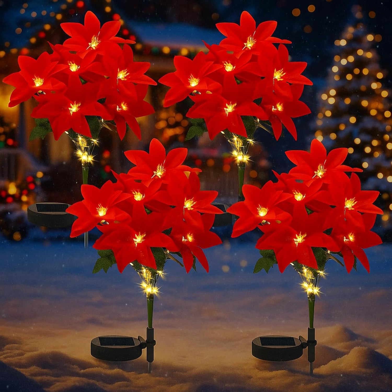 Christmas Solar Poinsettia Flower Lights – Waterproof Outdoor LED Holiday Pathway Decor