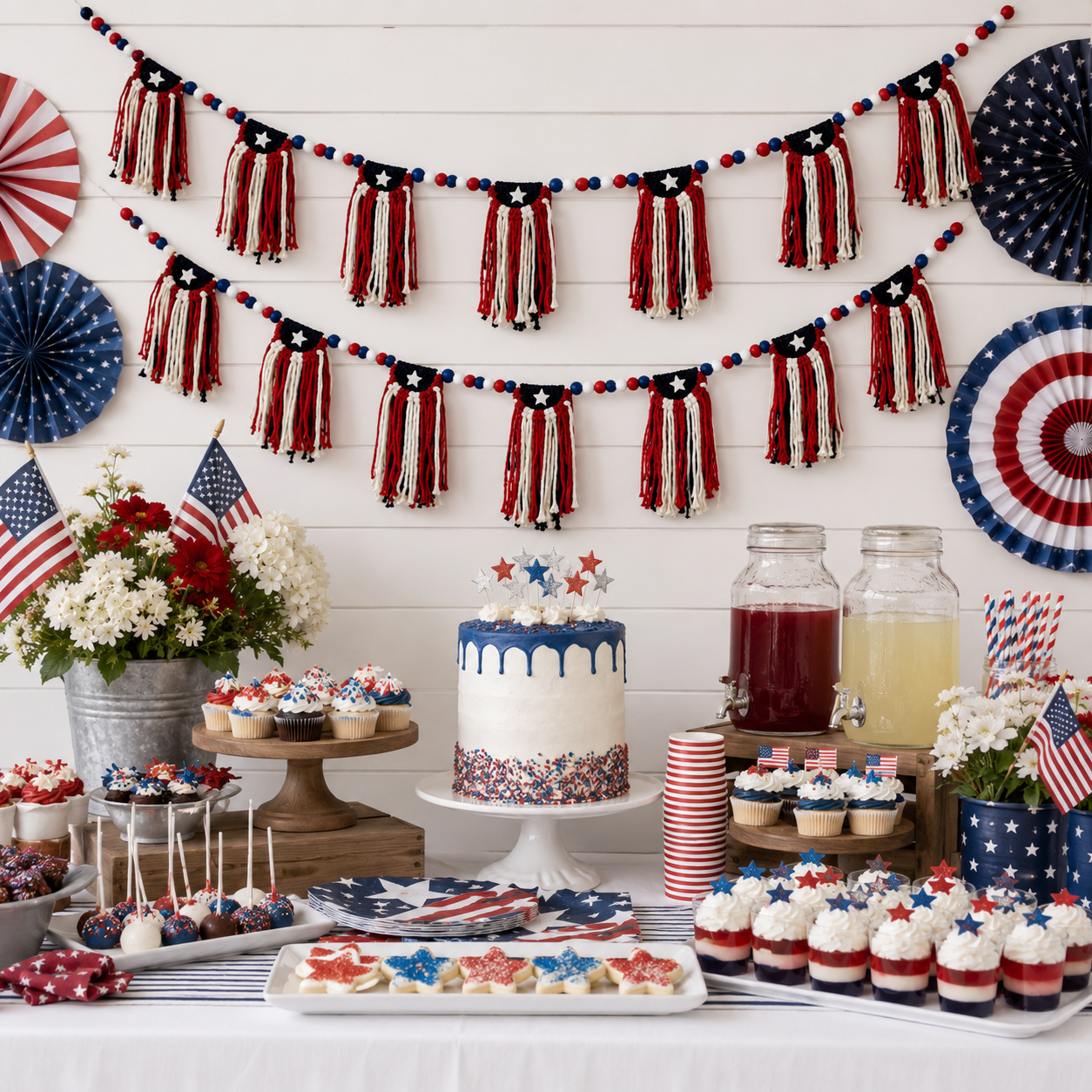Patriotic 4th of July Garland with Wooden Bead Star Decorations