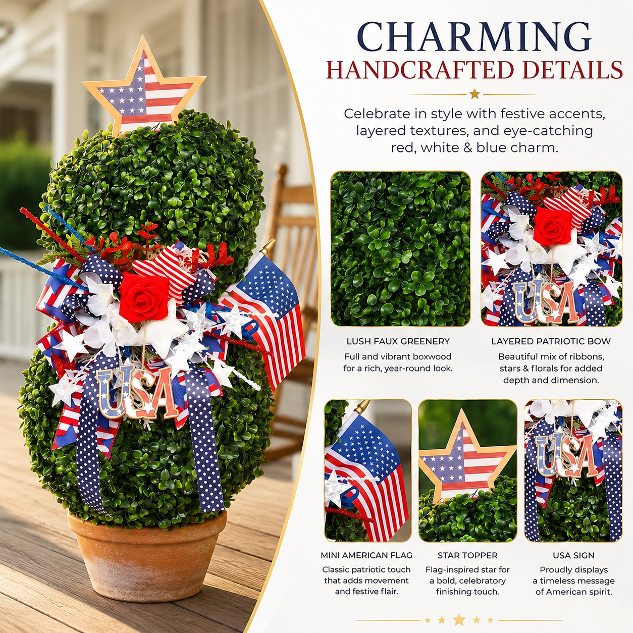 4th of July Artificial Boxwood Topiary with USA Bow, Mini American Flag & Star Topper