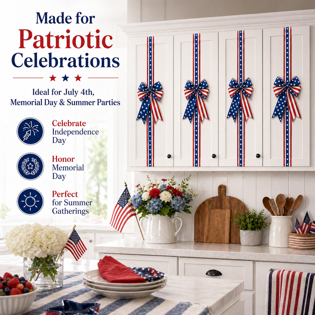 2 PCS Independence Day & Memorial Day Cabinet Door Patriotic Bow Ribbons