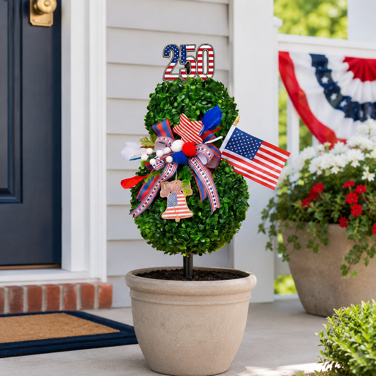 4th of July Artificial Boxwood Topiary with USA Bow, Mini American Flag & Star Topper