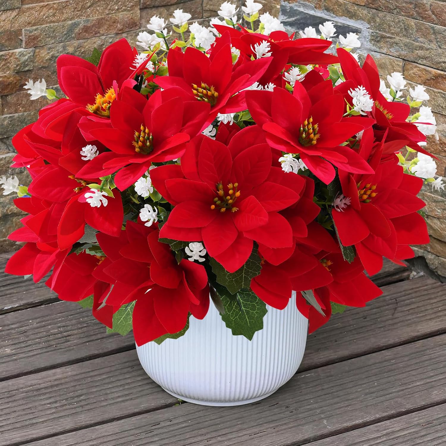 Artificial Christmas Poinsettia Flowers and fake eucalyptus white flower, for Outdoor Planters,Garden,Porch,Patio,Home Winter Decor - UV resistant, Waterproof, Windproof