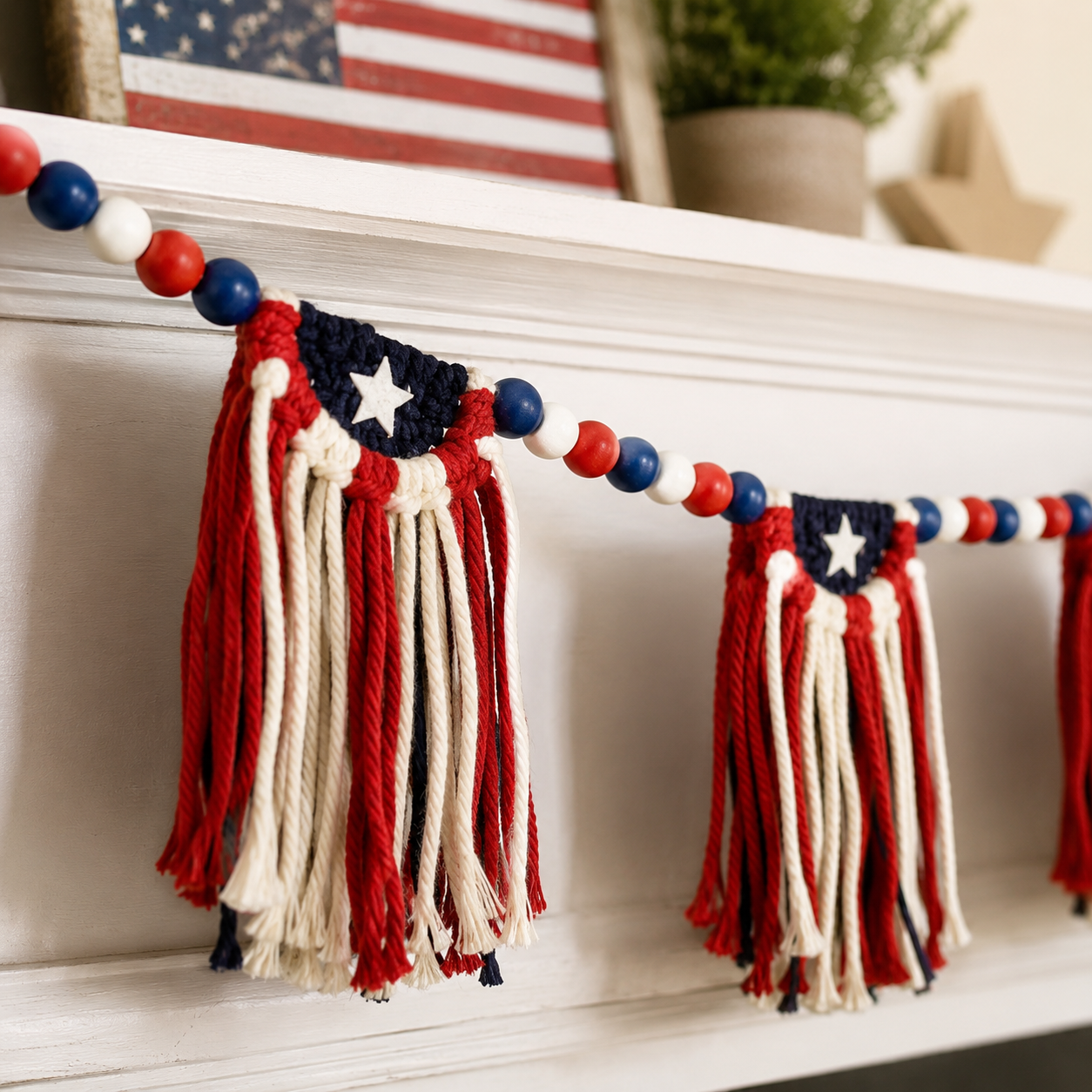 Patriotic 4th of July Garland with Wooden Bead Star Decorations