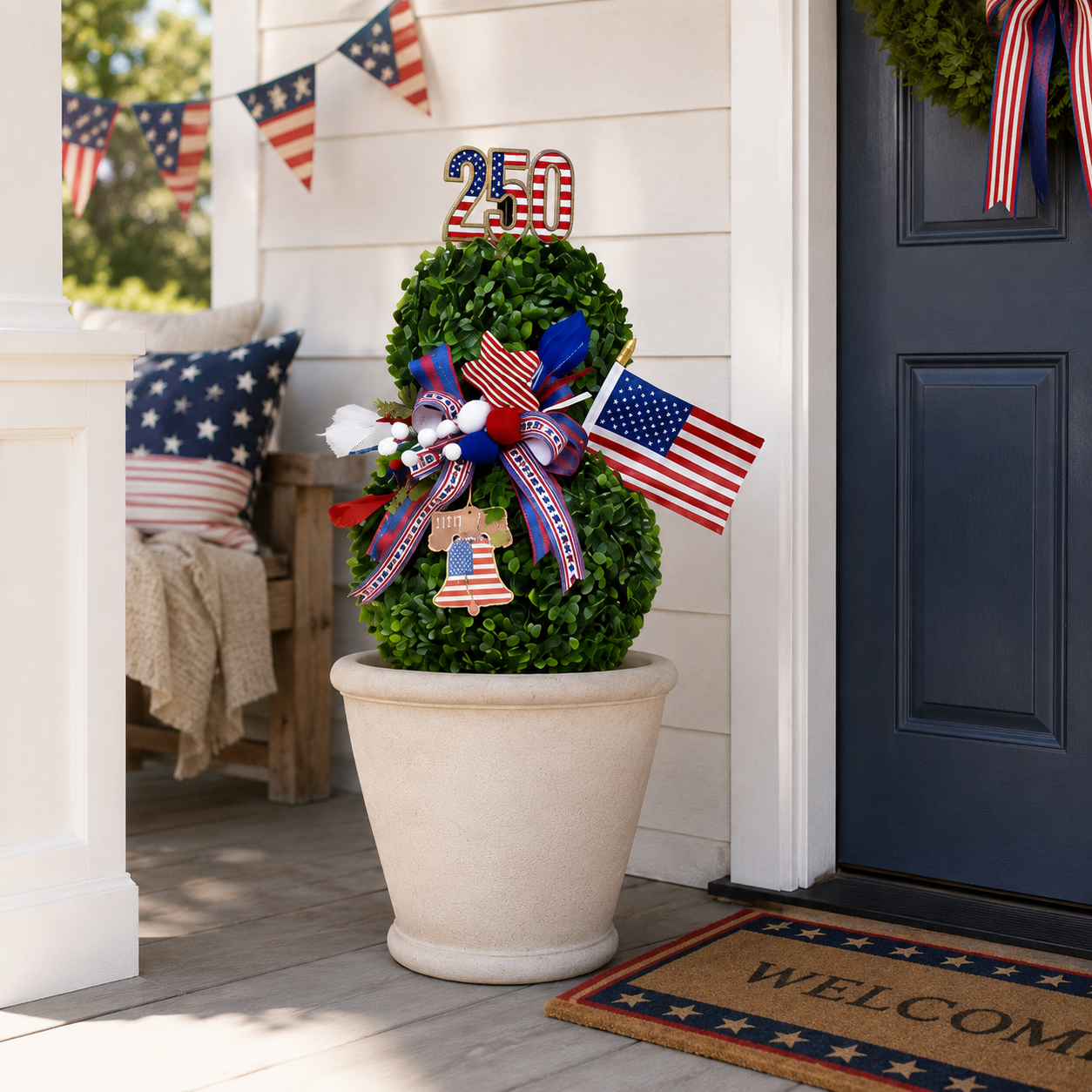 4th of July Artificial Boxwood Topiary with USA Bow, Mini American Flag & Star Topper