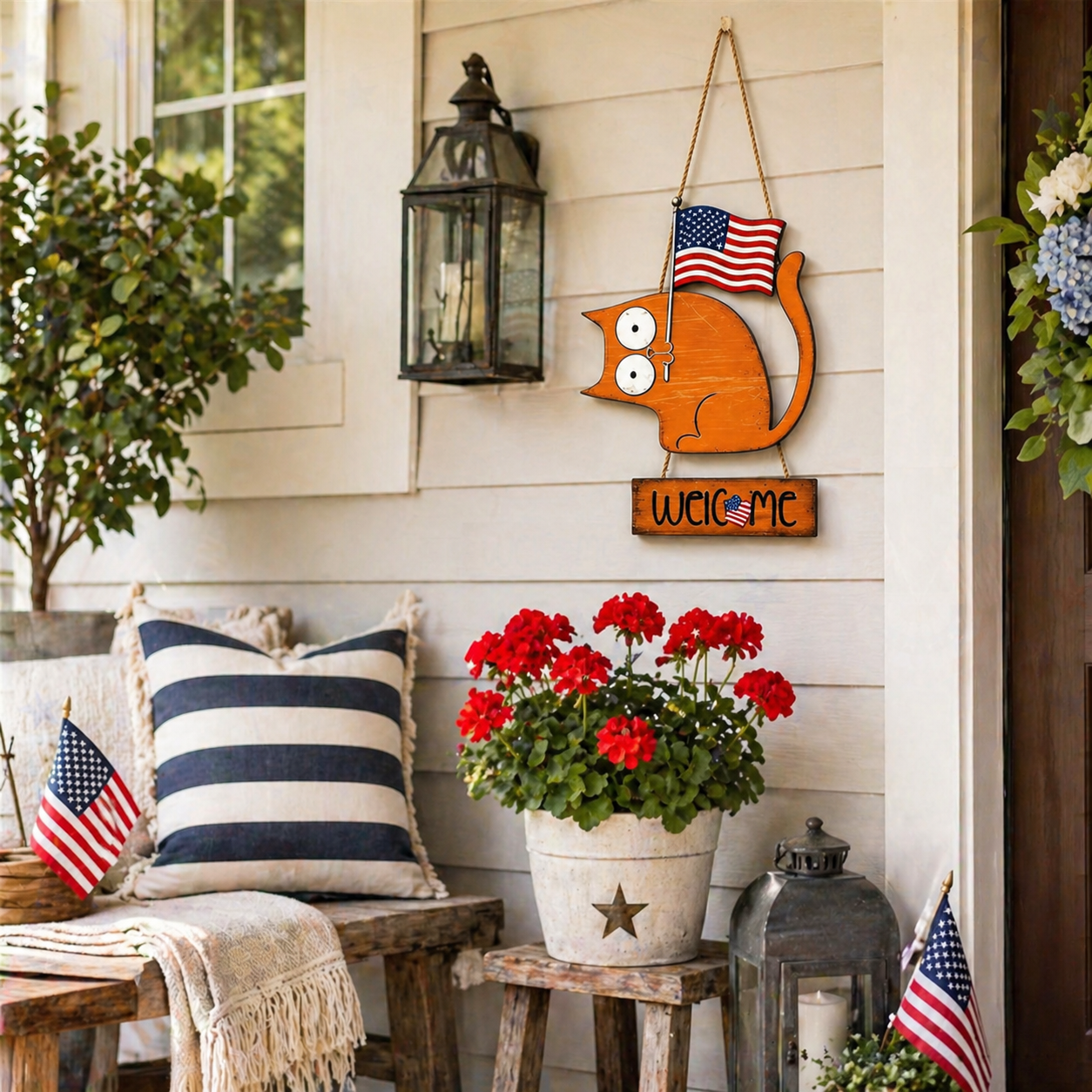 Patriotic Cat Welcome Sign Wooden Hanging Decor