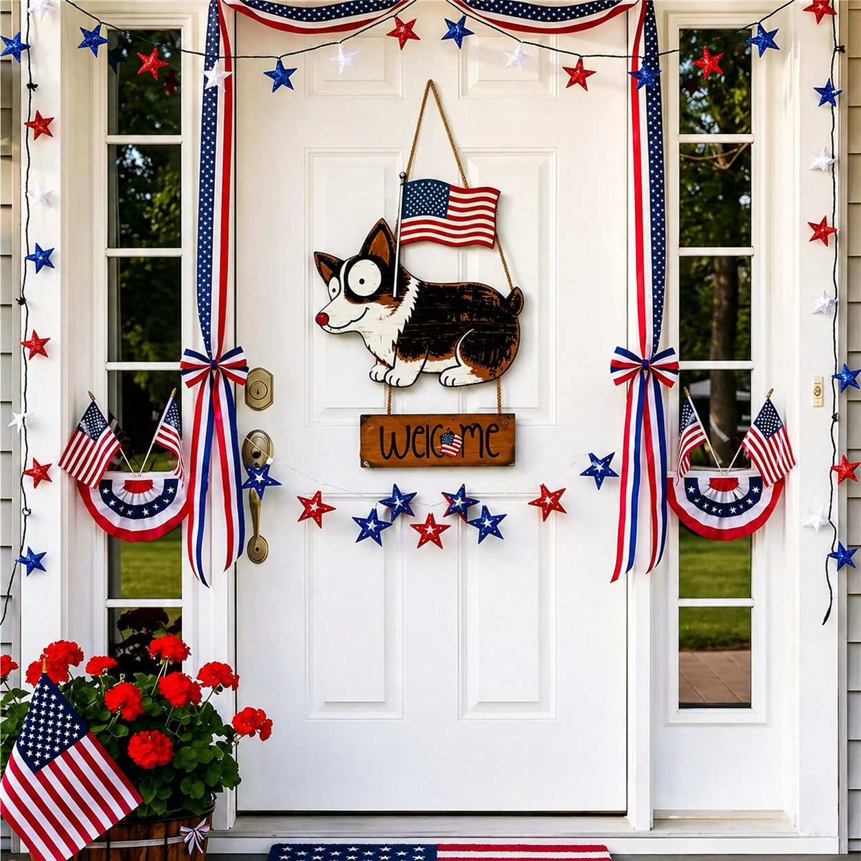 Wooden American Flag Dog Porch Sign for Front Door