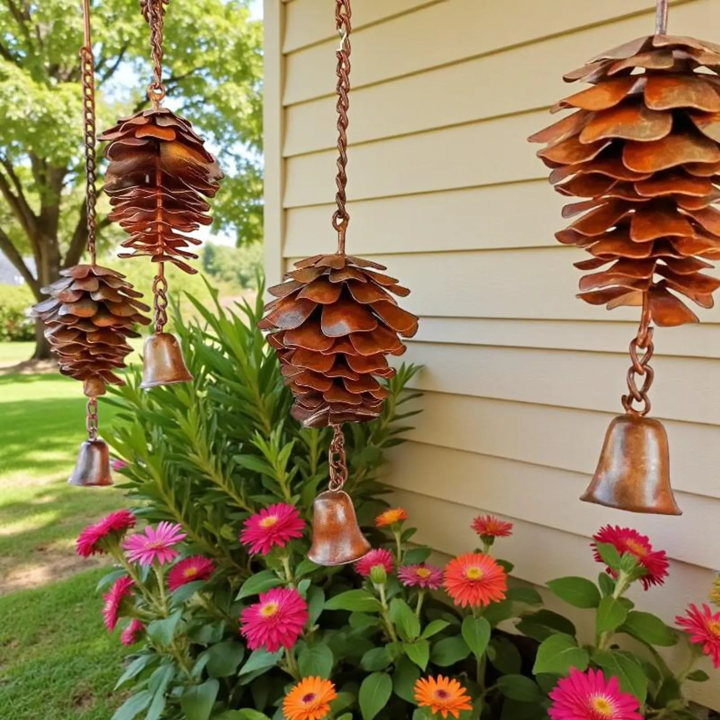 Handmade Metal Pinecone Chime with Bell – Artisan-Crafted Rustic Hanging Decor (11")