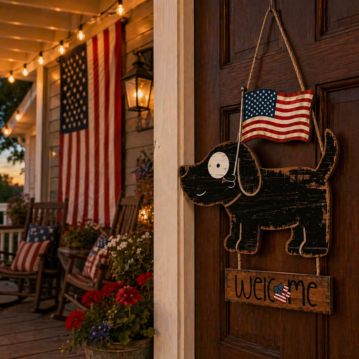 Wooden American Flag Dog Porch Sign for Front Door